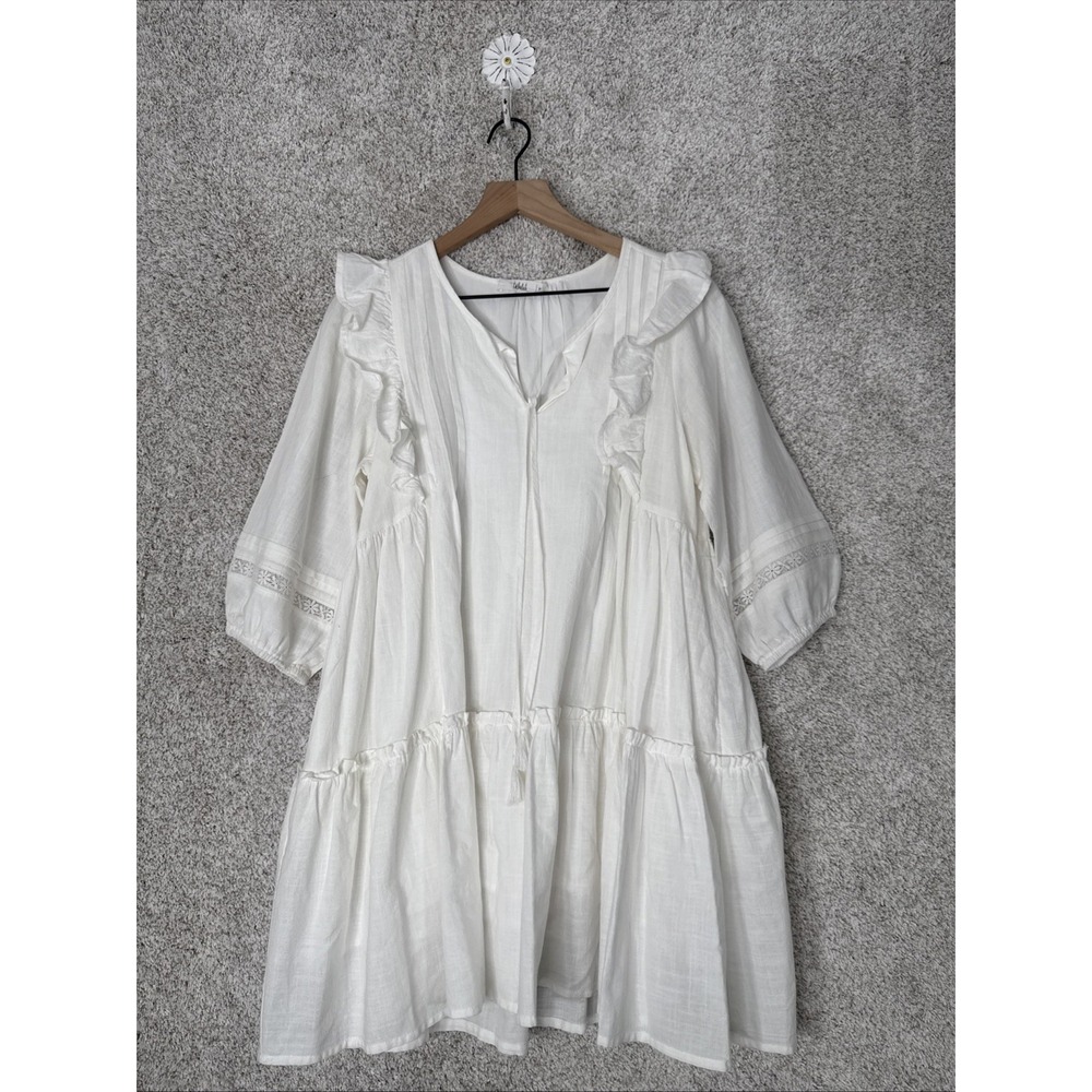 Talulah White Cotton Eyelet Tiered Mini Dress Long Sleeve Boho V-Neck Small